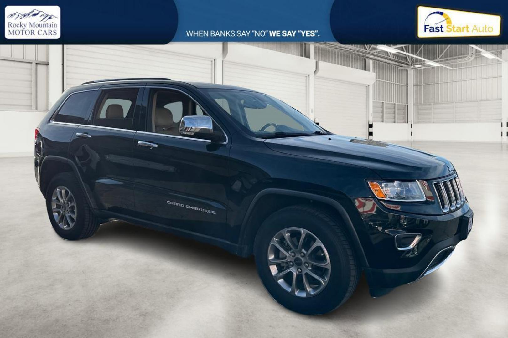 2015 Black Jeep Grand Cherokee Limited 2WD (1C4RJEBGXFC) with an 3.6L V6 DOHC 24V engine, 8-Speed Automatic transmission, located at 7755 State Street, Midvale, UT, 84047, (801) 753-9063, 40.610329, -111.892159 - Photo#0