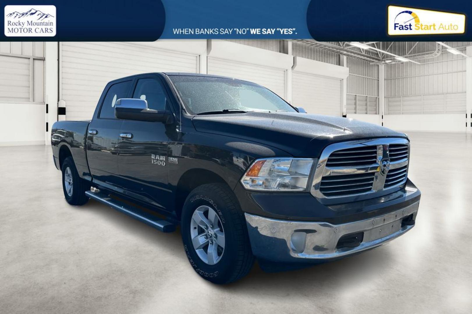 2015 Black RAM 1500 SLT Crew Cab LWB 4WD (1C6RR7TT6FS) with an 5.7L V8 OHV 16V engine, 6-Speed Automatic transmission, located at 7755 State Street, Midvale, UT, 84047, (801) 753-9063, 40.610329, -111.892159 - Photo#0